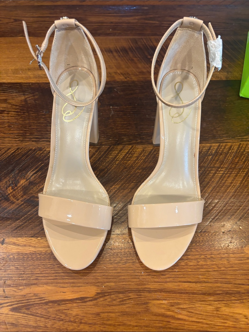Sam Edelman Nude Patent Ankle-Strap Block Heels